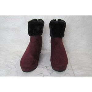 DKNY Women's "Nadra" Bordeaux Burgundy Faux Fur Wedge Booties Size 9.5M NWOB